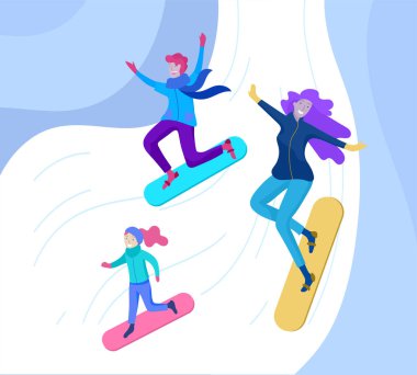 İnsanlar kış giysileri veya açık hava etkinlikleri eğlenceli gerçekleştirme dış giyim giyinmiş. Kar Festivali, halletme ve snowboard. Buz pateni, Kayak kardan adam yapma Noel aile Kayak