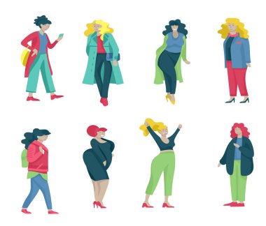 Ayrıca beden kadınlar şık kılığına girmiş. Küme curvy kız trendy kıyafetler giyiyor. Mutlu karakter. Bodypositive konsept illüstrasyon