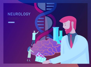 Nöroloji genetik kavramı. Düz stil küçük insanlar doktorların tıbbi takım çalışma, Dna oluşturmak yoluyla, Deoksiribonükleik asit araştırma. Beyin, yaratıcı zihin