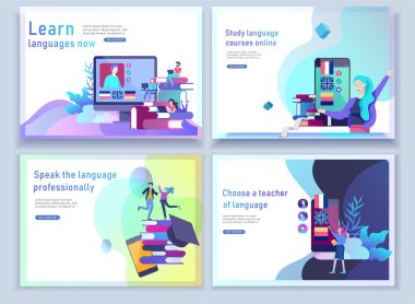 Açılış sayfası şablonları Online dil kursları, uzaktan eğitim, eğitim için küme. Dil arabirimi öğrenme ve kavram öğretim.