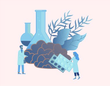 Nöroloji genetik kavramı. Düz stil küçük insanlar doktorların tıbbi takım çalışma, Dna oluşturmak yoluyla, Deoksiribonükleik asit araştırma. Beyin, yaratıcı zihin