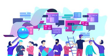 Açılış sayfası şablonu, düz stil, işadamları kavramı tartışmak sosyal ağ, Haberler, sosyal ağlar