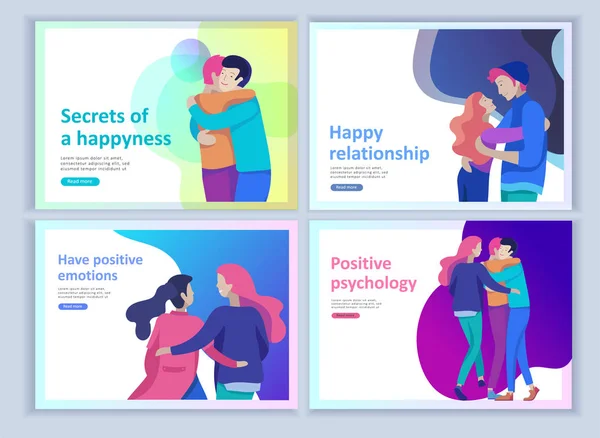 Set von Landing-Page-Vorlagen für positive Psychologie, Gruppenfamilien-Psychotherapie. glückliche Freunde Charakter haben positive Emotionen, Weg zum Glück — Stockvektor