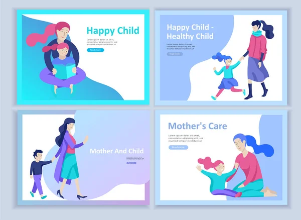 Set aanvoer paginasjablonen voor happy Mothers day, kind gezondheidszorg, gelukkige jeugd en kinderen, goederen en entertainment voor moeder en kinderen. Ouders met dochter — Stockvector