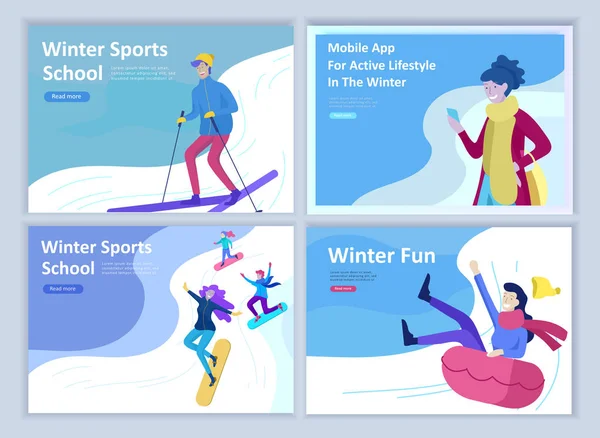 Set of Landing page templates. People dressed in winter clothes or outerwear performing outdoor activities fun. Snow festival, sledding or snowboard. Christmas family ski skating, skiing extreme — Stock Vector