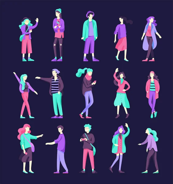 Vector personas amigos carácter. Grupo de adolescentes en invierno u otoño trendy clother — Archivo Imágenes Vectoriales