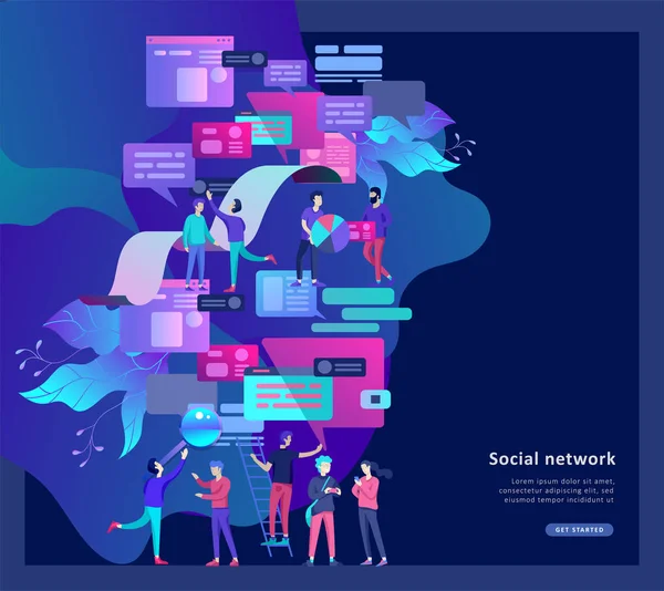 Concept Landing paginasjabloon, vlakke stijl, zakenmensen bespreken sociale netwerk, nieuws, sociale netwerken — Stockvector