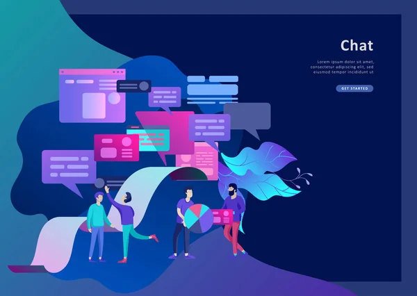 Concept Landing page template, flat style, empresários discutir rede social, notícias, redes sociais —  Vetores de Stock