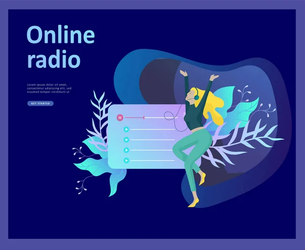 Concepto de internet transmisión de radio en línea escucha, la gente se relaja escuchar danza. Aplicaciones de música, lista de reproducción de canciones en línea, estación de radio . — Vector de stock