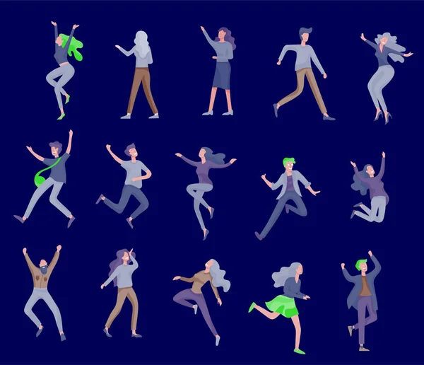 Personaje saltando en varias poses. Grupo de jóvenes riendo alegre gente saltando con las manos levantadas. Feliz positivos jóvenes hombres y mujeres — Vector de stock