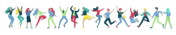 Personagem pulando em várias poses. Grupo de jovens alegre rindo pessoas pulando com as mãos levantadas. Felizes jovens homens e mulheres positivos —  Vetores de Stock