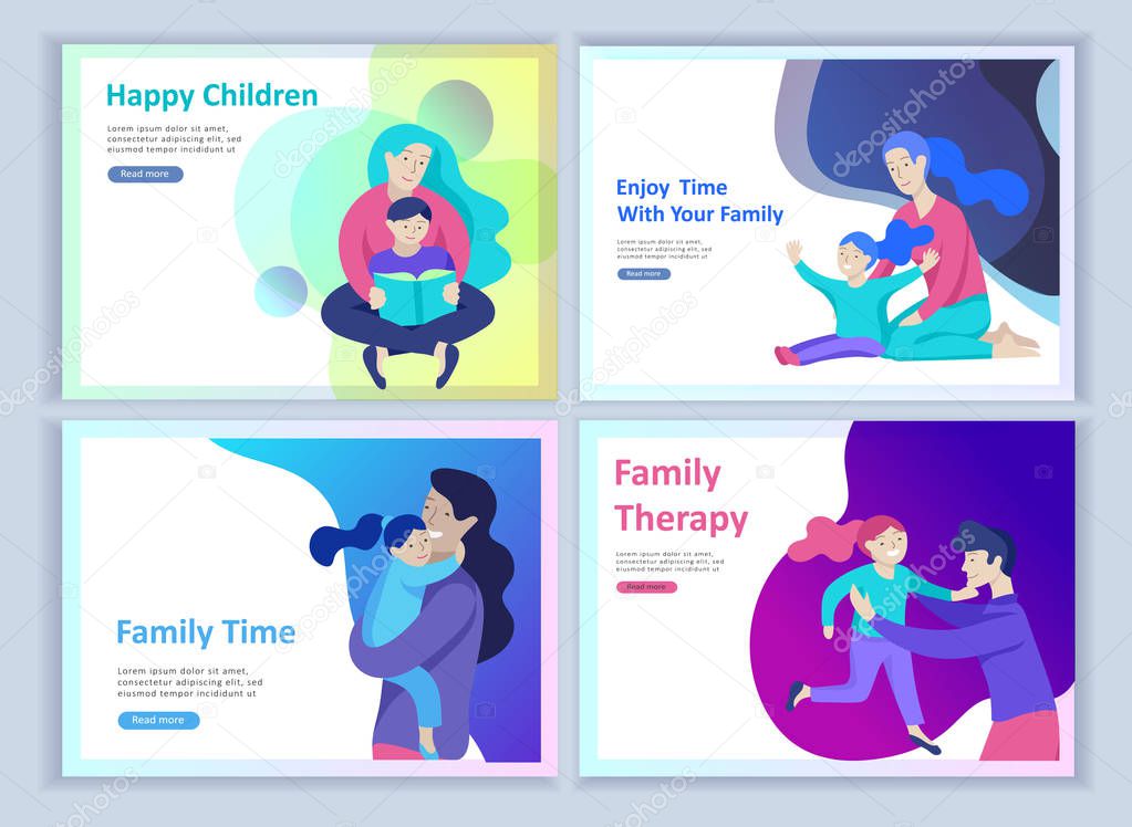 Set of Landing page templates happy family, travel and psychotherapy, family health care, goods entertainment for mother father and their children. Parents with daughter and son have fun