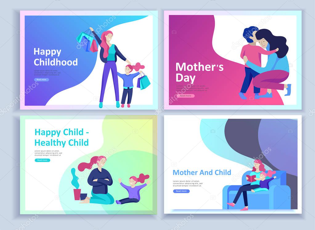 Set of Landing page templates for happy Mothers day, child health care, happy childhood and children, goods and entertainment for mother and children. Parents with daughter