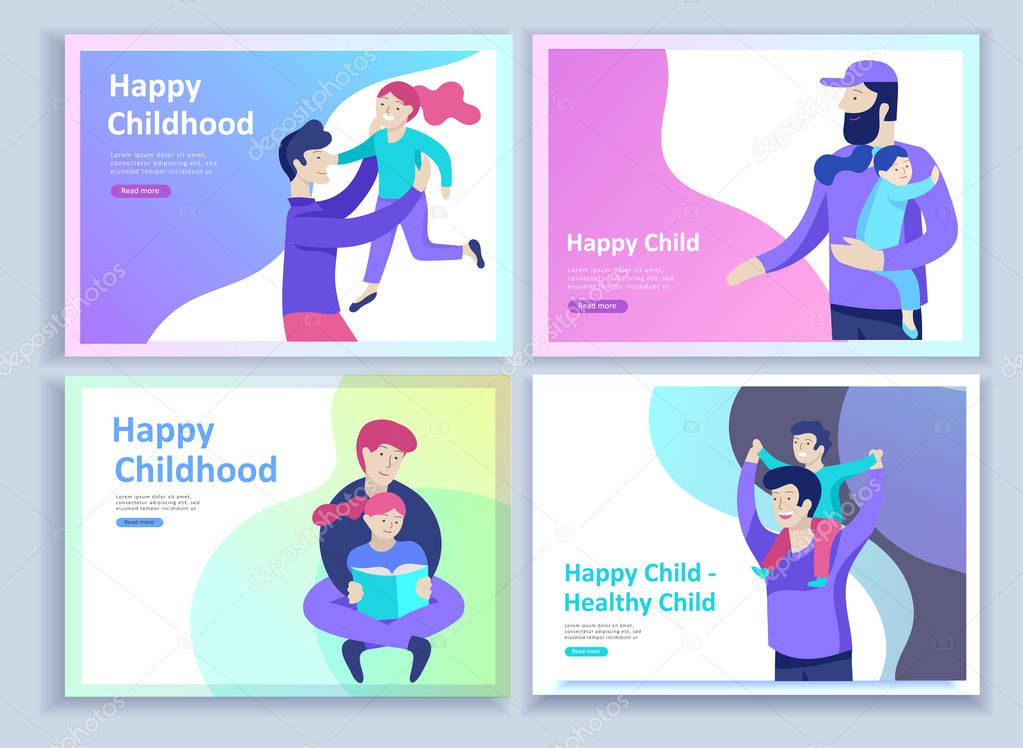 Set of Landing page templates for happy Fathers day, child health care, happy childhood and children, goods and entertainment for Father with children