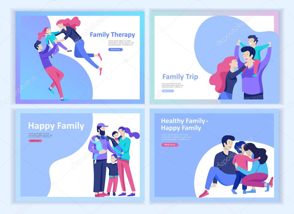 Set of Landing page templates happy family, travel and psychotherapy, family health care, goods entertainment for mother father and their children. Parents with daughter and son have fun