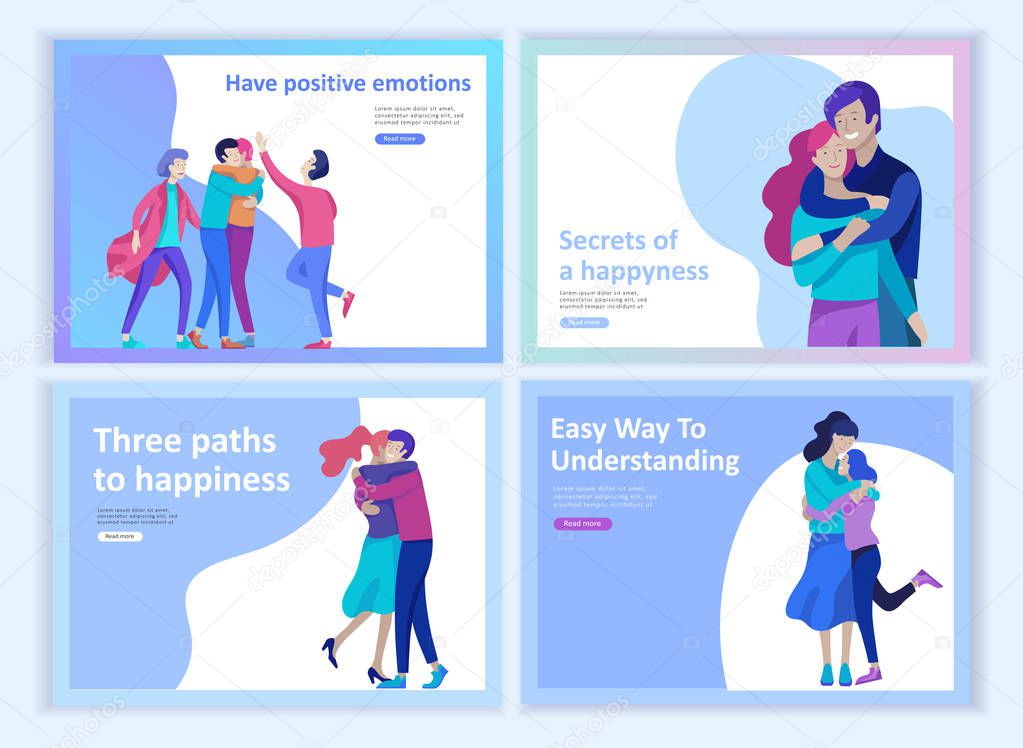 Set of Landing page templates for positive psychology, group family psychotherapy. Happy friends character have positive emotions, way to happiness