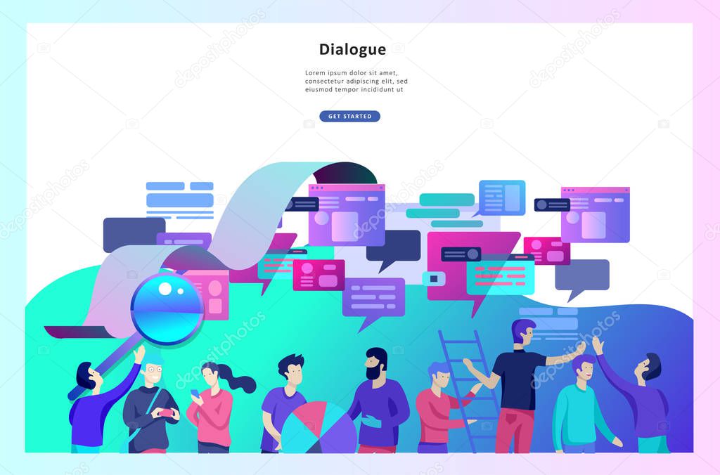 Concept Landing page template, flat style, businessmen discuss social network, news, social networks