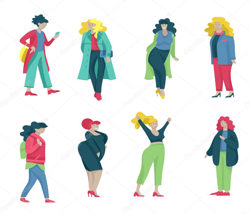 Plus size women dressed in stylish clothing. Set of curvy girls wearing trendy clothes. Happy characters. Bodypositive concept illustration