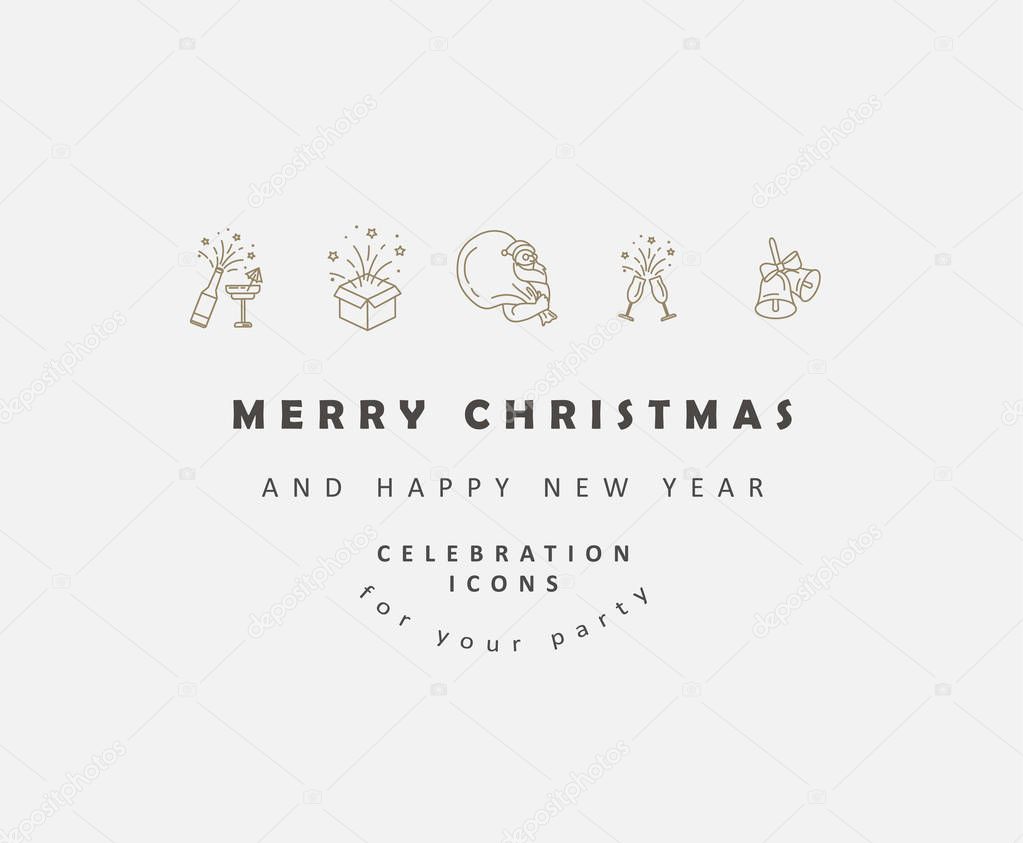 Vector icon and logo celebration Merry Christmas and Happy New Year . Editable outline stroke size. Line flat contour, thin and linear design. Simple icons. Concept illustration. Sign, symbol, element