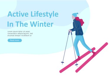 Açılış sayfası şablonları kümesi. İnsanlar kış giysileri veya açık hava etkinlikleri eğlenceli gerçekleştirme dış giyim giyinmiş. Kar Festivali, halletme veya snowboard. Noel aile kayak buz pateni, Kayak aşırı