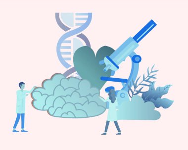 Nöroloji genetik kavramı. Düz stil küçük insanlar doktorların tıbbi takım çalışma, Dna oluşturmak yoluyla, Deoksiribonükleik asit araştırma. Beyin, yaratıcı zihin