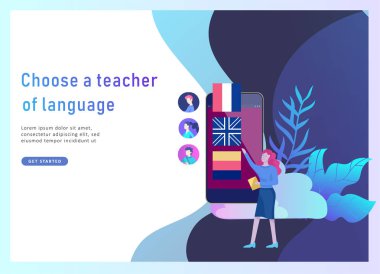 Online dil kursları, uzaktan eğitim, eğitim için açılış sayfası şablonları. Dil arabirimi öğrenme ve kavram öğretim.