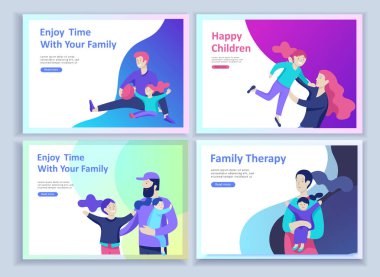 Açılış sayfası şablonları mutlu aile, anne baba için seyahat ve psikoterapi, Aile Sağlık, mal eğlence ve bunların alt öğeleri kümesi. Anne kızı ve oğlu ile eğlenin