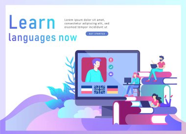 Online dil kursları, uzaktan eğitim, eğitim için açılış sayfası şablonları. Dil arabirimi öğrenme ve kavram öğretim.