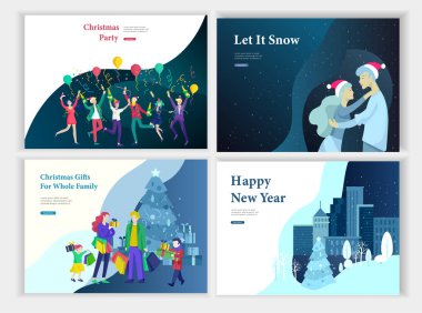 Sayfa şablonu veya tebrik kartı, Noel ağacı süsleme aile açılış kümesi. Mutlu Noeller, mutlu yeni yıl şirket veya arkadaş parti. Karakter romantik çift tr. Çok hediye