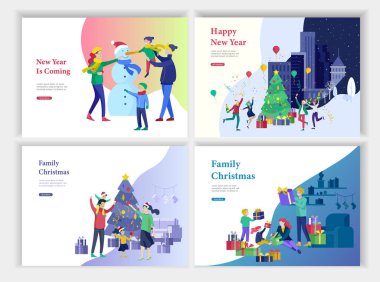 Sayfa şablonu veya tebrik kartı açılış kümesi. Mutlu Noeller ve mutlu yeni yıl. Karakter Aile iç oturma odası, mevcut dekorasyon Noel ağacına ile kardan adam yapar