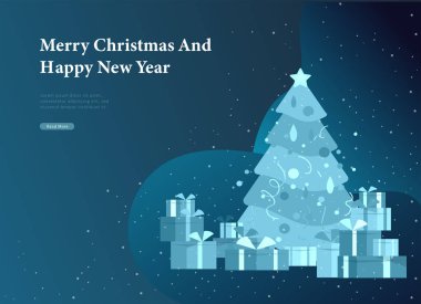 Noel ve mutlu yeni yıl web sitesi Noel ağacı ve arka plan kentsel kış karlı park hediye ile