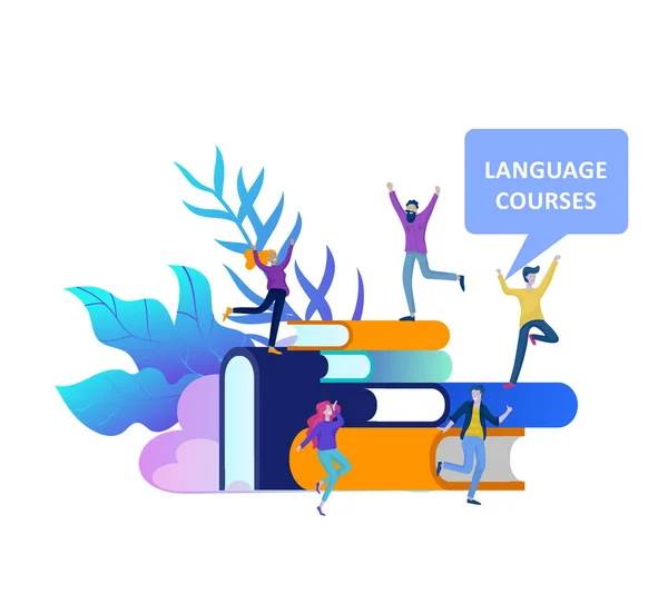 Cursos de idiomas online, educação a distância, treinamento. Interface de Aprendizagem de Línguas e Conceito de Ensino . — Vetor de Stock