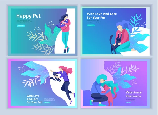 Set of Landing Page Templates with Vector Symbol. Happy people with their pets, a cat loves its owners, care and love, a pet shop and a veterinary pharmacy. Animal Day and adoption. Vector — Stock Vector