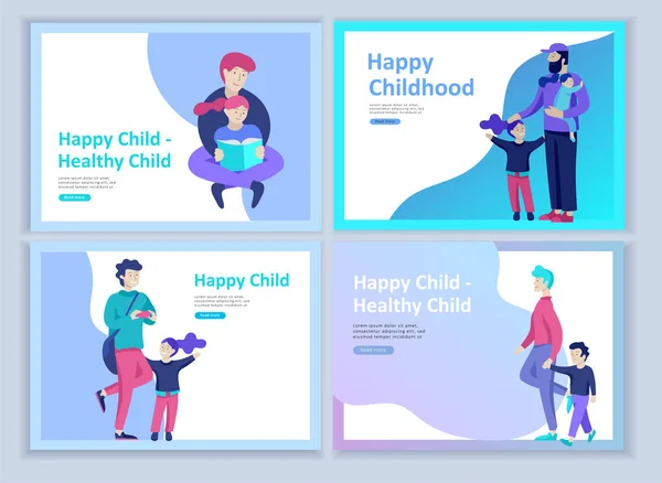 Mutlu babalar günü, çocuk sağlık, mutlu çocukluk ve çocuk, mal ve çocuk ile baba için eğlence için açılış sayfası şablonları kümesi — Stok Vektör