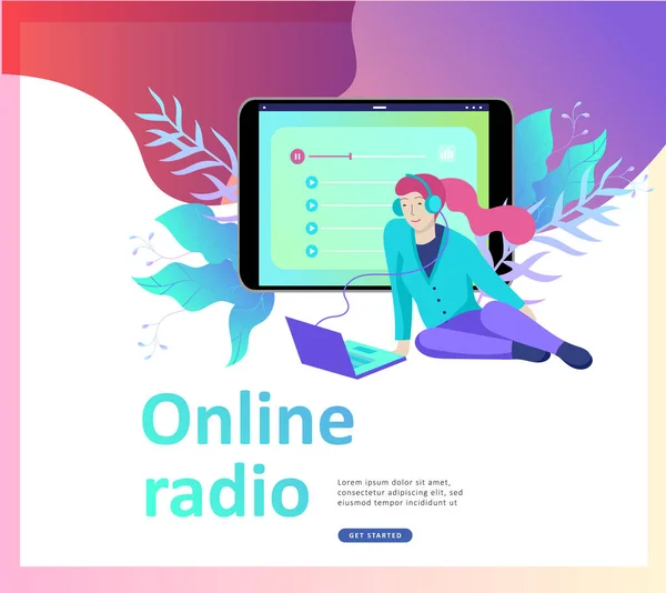 Conceito de internet streaming de rádio online ouvir, as pessoas relaxam ouvir dança. Aplicações de música, músicas online playlist, estação de rádio . — Vetor de Stock