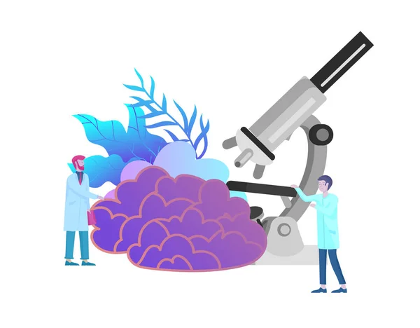 Neurology genetics concept. Flat style little people doctors medical team working, constructing DNA, researching Deoxyribonucleic acid. Brain, Creative mind