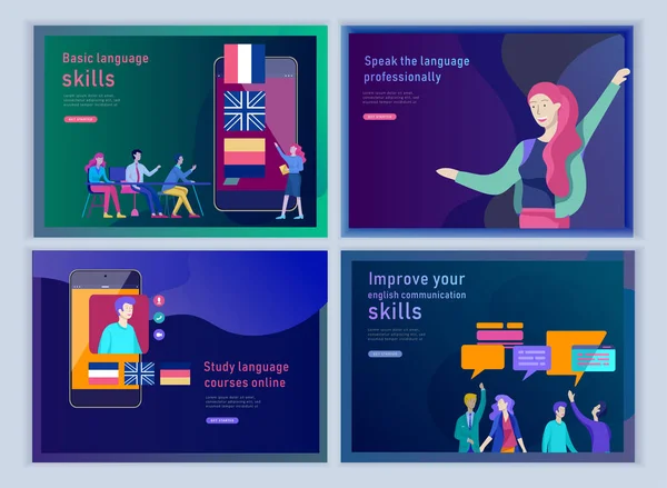 Conjunto de modelos de landing page para cursos de idiomas online, educação a distância, treinamento. Interface de Aprendizagem de Línguas e Conceito de Ensino . — Vetor de Stock