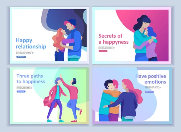 Set of Landing page templates for positive psychology, group family psychotherapy. Happy friends character have positive emotions, way to happiness