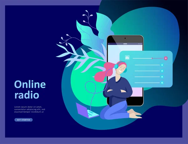 Концепция интернет-радио потокового прослушивания, люди расслабляются слушать танец. Музыкальные приложения, онлайн-плейлист, радиостанция . — стоковый вектор