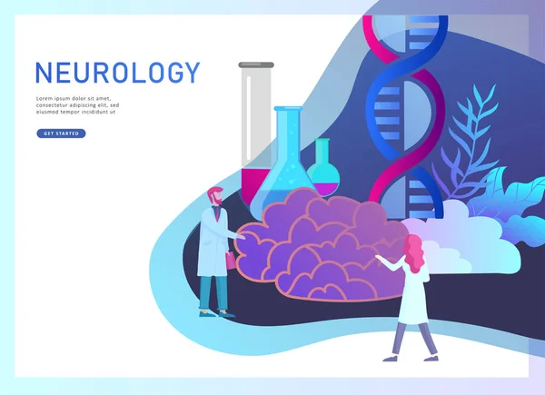 Koncepcja genetyka Neurologia. Z płaskim stylu ludzie mało lekarze medyczne zespół pracuje, budowy Dna, badania kwasu dezoksyrybonukleinowego. Mózgu, twórczy umysł — Wektor stockowy