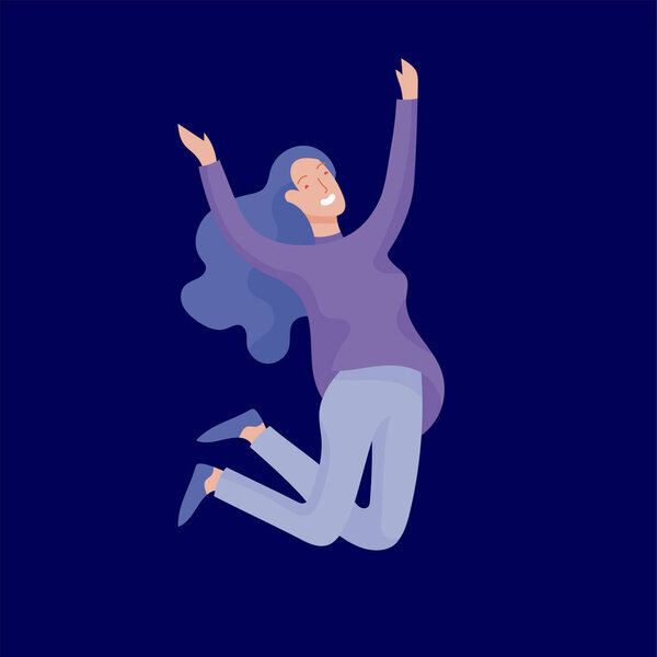 Jumping character in various poses. Happy positive young men or women rejoicing together, happiness, freedom