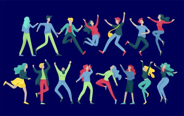 Personaje saltando en varias poses. Grupo de jóvenes riendo alegre gente saltando con las manos levantadas. Feliz positivos jóvenes hombres y mujeres — Archivo Imágenes Vectoriales