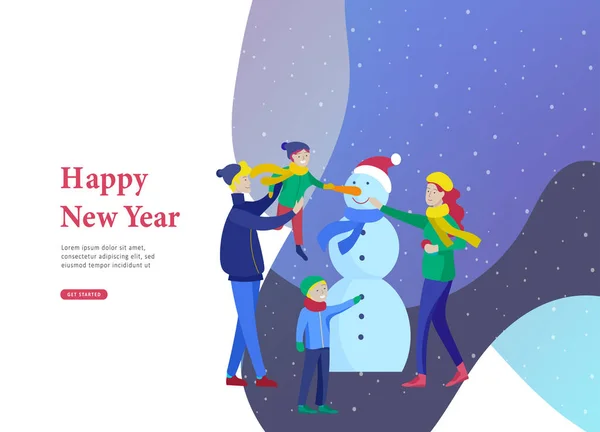 Modelo de página de destino cartão de saudação inverno Férias. Feliz Natal e Feliz Ano Novo Site. Pessoas Personagens Família faz família boneco de neve no parque na paisagem nevada — Vetor de Stock