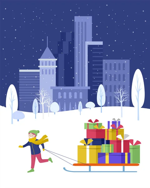 Navidad y Feliz Año Nuevo sitio web. Personaje niña para arrastrar trineo con un montón de regalos en el parque en el paisaje nevado — Vector de stock