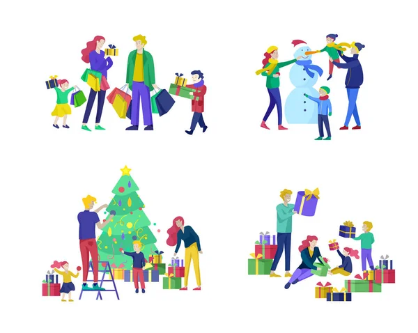 Biglietto di auguri vacanze invernali. Buon Natale e felice anno nuovo sito web. Persone Personaggi famiglia con regalo decorazione albero di Natale su sfondo di interni — Vettoriale Stock