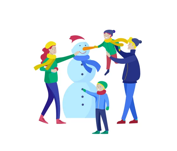 Plantilla tarjeta de felicitación invierno Vacaciones. Feliz Navidad y Feliz Año Nuevo sitio web. Personajes familia hace familia muñeco de nieve — Archivo Imágenes Vectoriales