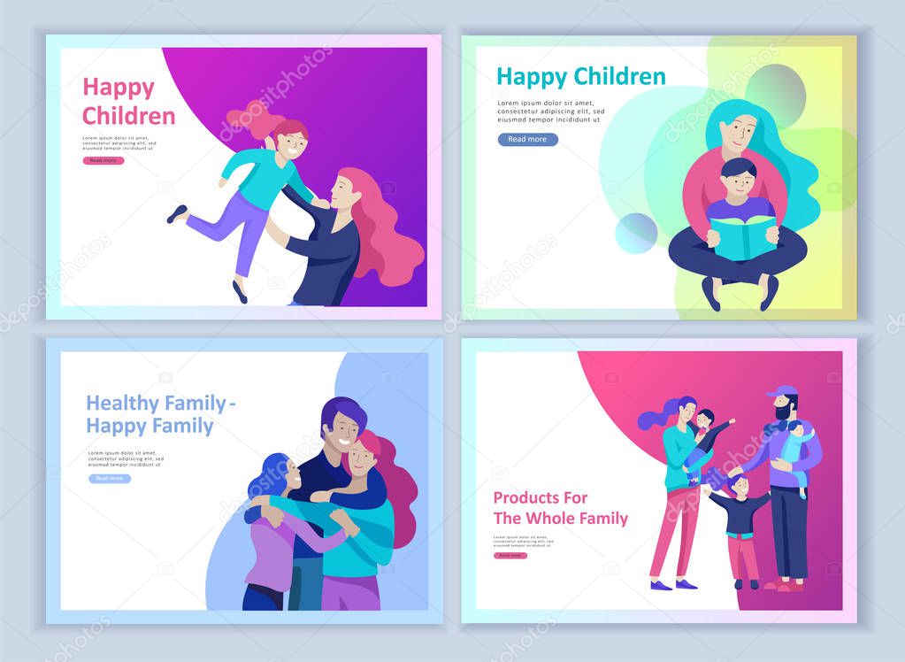 Set of Landing page templates happy family, travel and psychotherapy, family health care, goods entertainment for mother father and their children. Parents with daughter and son have fun togethers