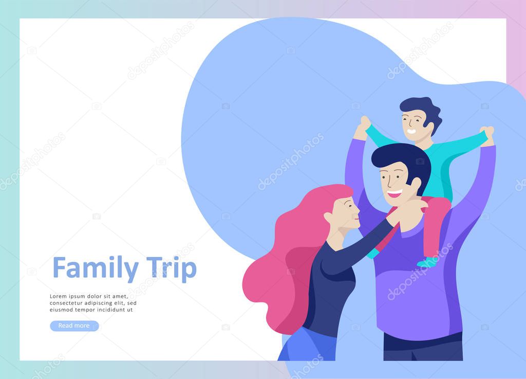 Landing page templates happy family, travel and psychotherapy, family health care, goods entertainment for mother father and their children. Parents with daughter and son have fun