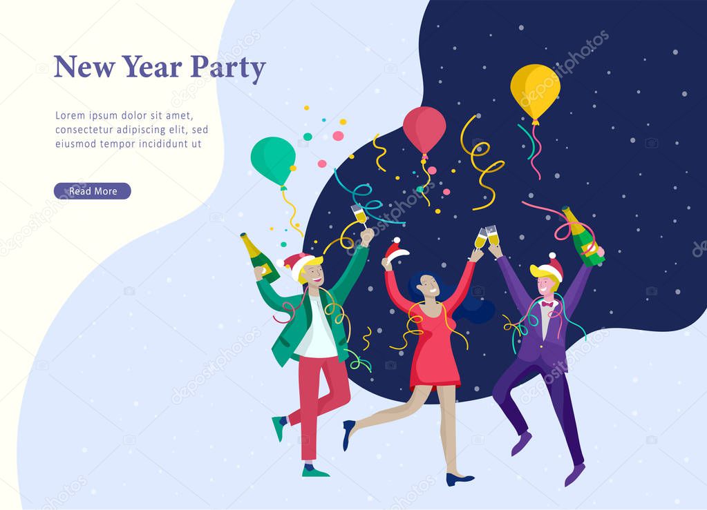 Landing page template or card winter Holidays corporate Party. Merry Christmas and Happy New Year with People Characters. Company of young friends or colleagues celebrates