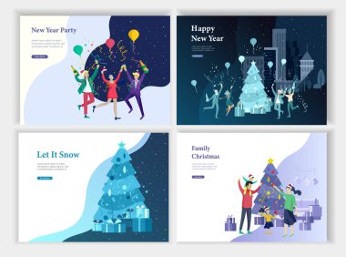 Sayfa şablonu veya tebrik kartı açılış kümesi. Arkadaş neşeli Noel ve mutlu yeni yıl kutluyor. Kardan adam karakter Aile hediyesi, satın almalarla, satın yapar.